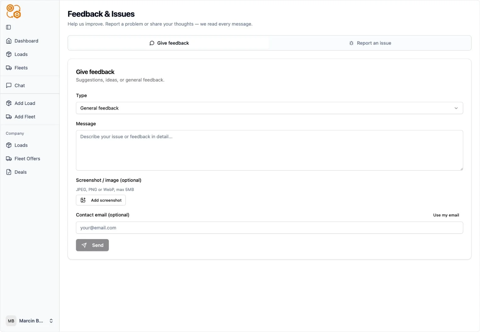 Formularul de feedback PickUp2 din panou cu încărcare de capturi de ecran