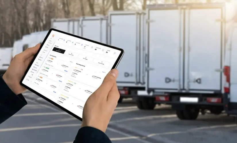 Person using a tablet with logistics analytics in front of a truck park of trucks